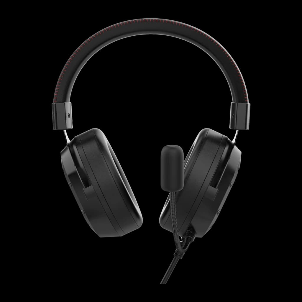 Conceptronic ATHAN02B negro, vista frontal: auriculares gaming con diadema costura roja y micrófono flexible
