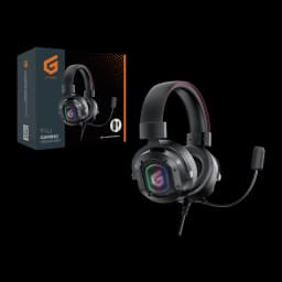 Conceptronic ATHAN02B Negro, vista con caja: auriculares gaming USB negro con iluminación RGB y micrófono flexible junto a