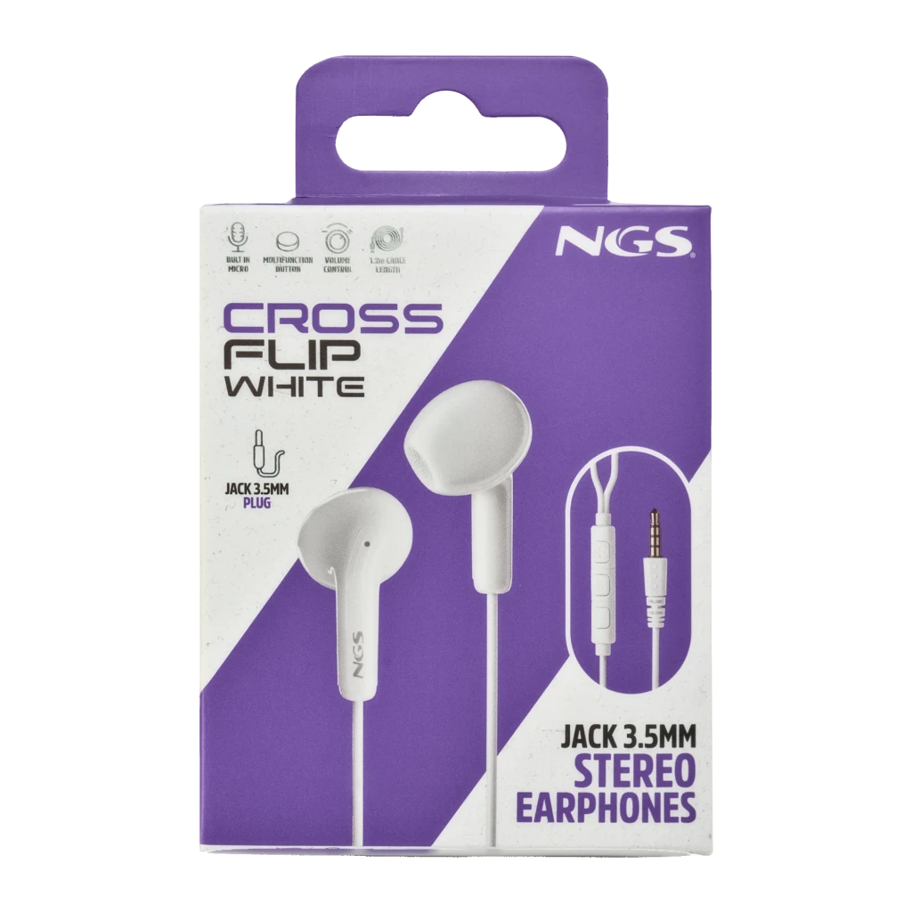 NGS Auriculares Cross Flip Jack 3.5 Blanco, vista frontal: dos auriculares in-ear blancos, mando con 3 botones y jack 3.5mm - Ítem4