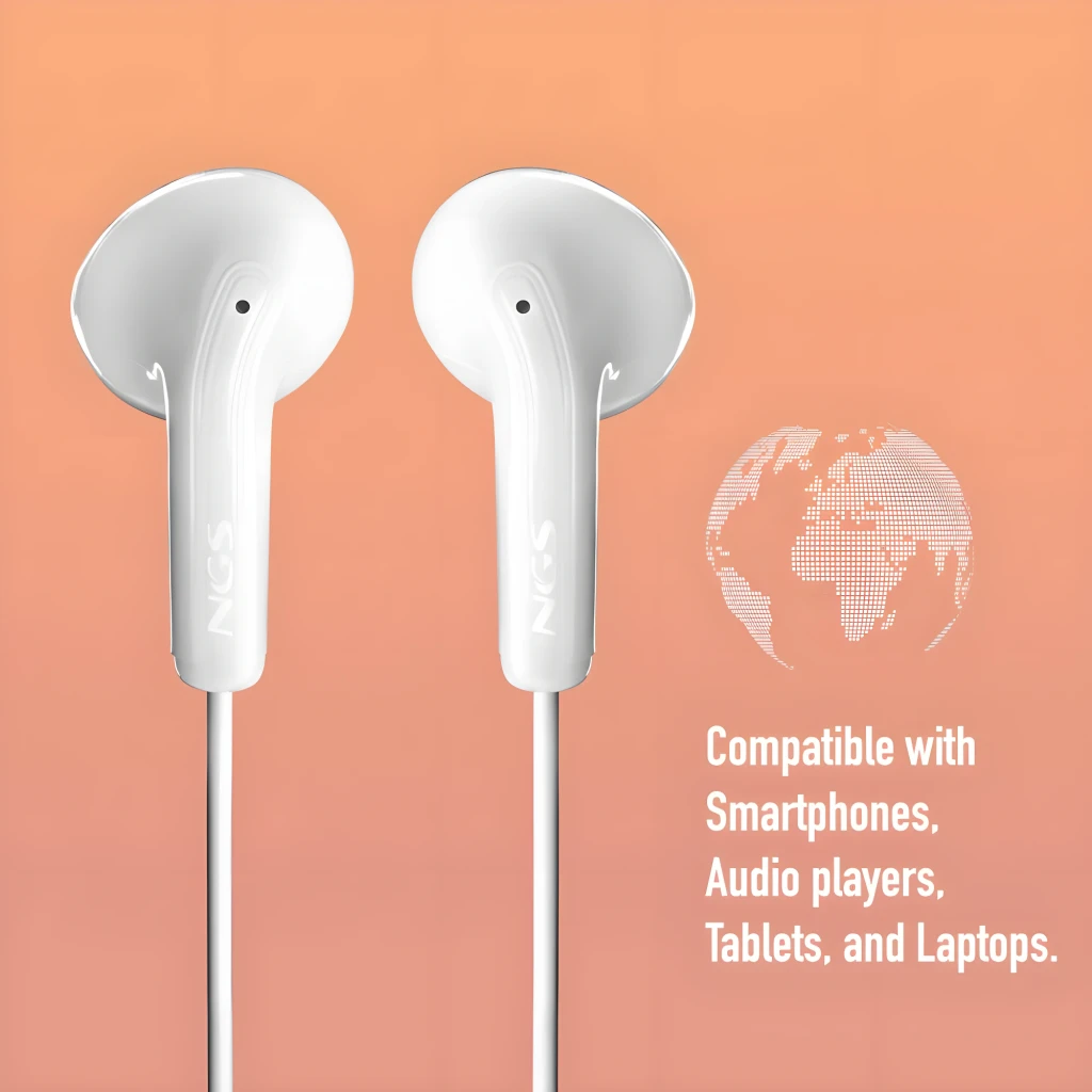 NGS Auriculares Cross Flip Jack 3.5 Blanco, vista frontal: dos auriculares in-ear blancos, mando con 3 botones y jack 3.5mm - Ítem6