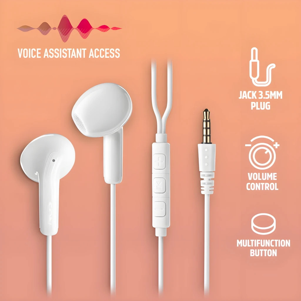 NGS Auriculares Cross Flip Jack 3.5 Blanco, vista frontal: dos auriculares in-ear blancos, mando con 3 botones y jack 3.5mm - Ítem7
