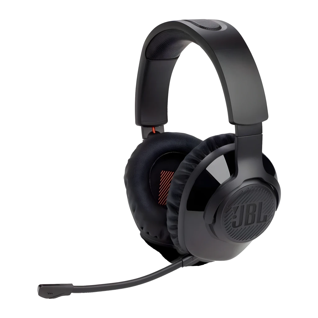 JBL Auriculares Gaming Quantum 350 Wireless negro, vista en ángulo: logo JBL en copa, micrófono boom desplegado sin botones - Ítem9