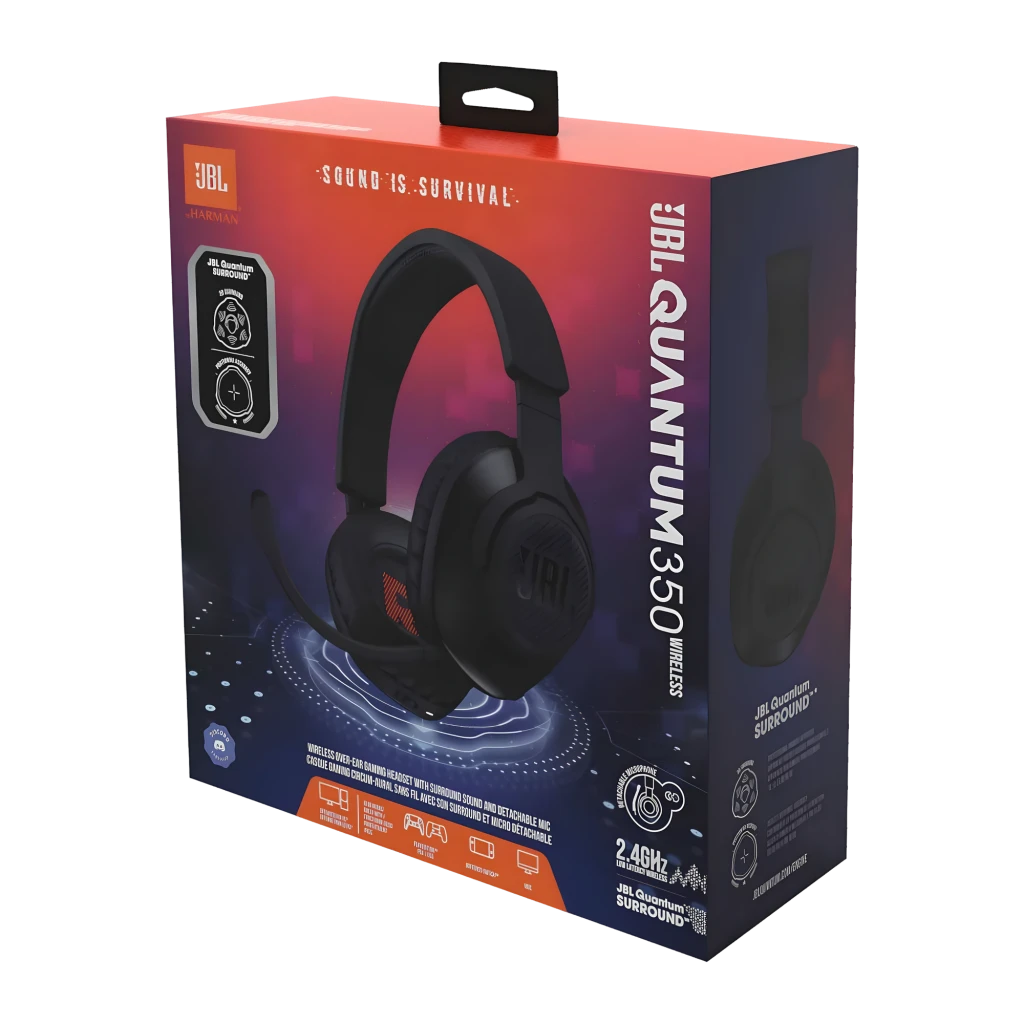 JBL Auriculares Gaming Quantum 350 Wireless negro, vista en ángulo: logo JBL en copa, micrófono boom desplegado sin botones - Ítem11