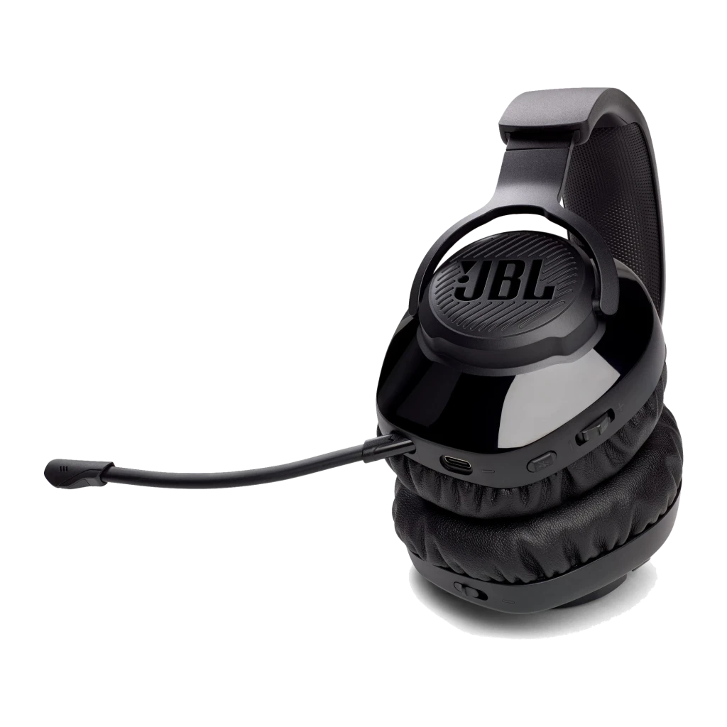 JBL Auriculares Gaming Quantum 350 Wireless negro, vista en ángulo: logo JBL en copa, micrófono boom desplegado sin botones - Ítem1