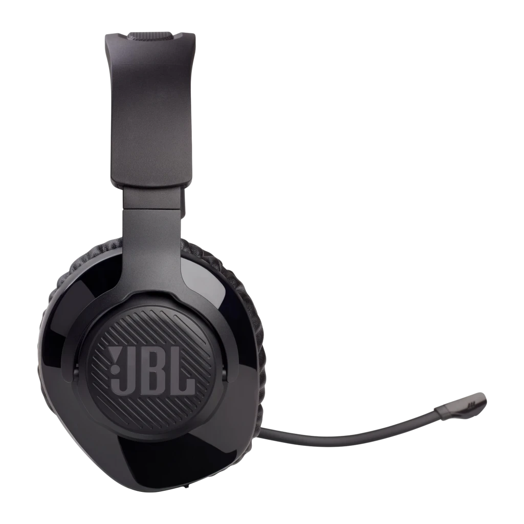 JBL Auriculares Gaming Quantum 350 Wireless negro, vista en ángulo: logo JBL en copa, micrófono boom desplegado sin botones - Ítem3