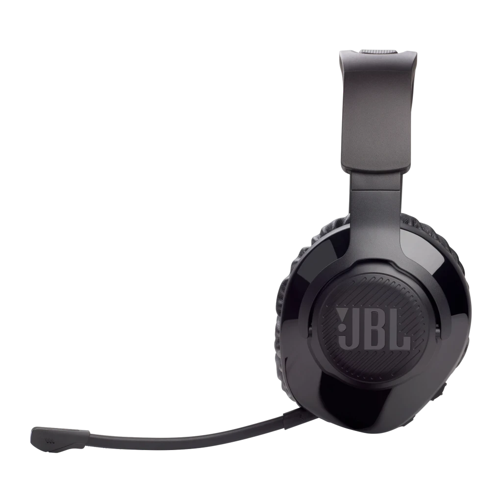JBL Auriculares Gaming Quantum 350 Wireless negro, vista en ángulo: logo JBL en copa, micrófono boom desplegado sin botones - Ítem4