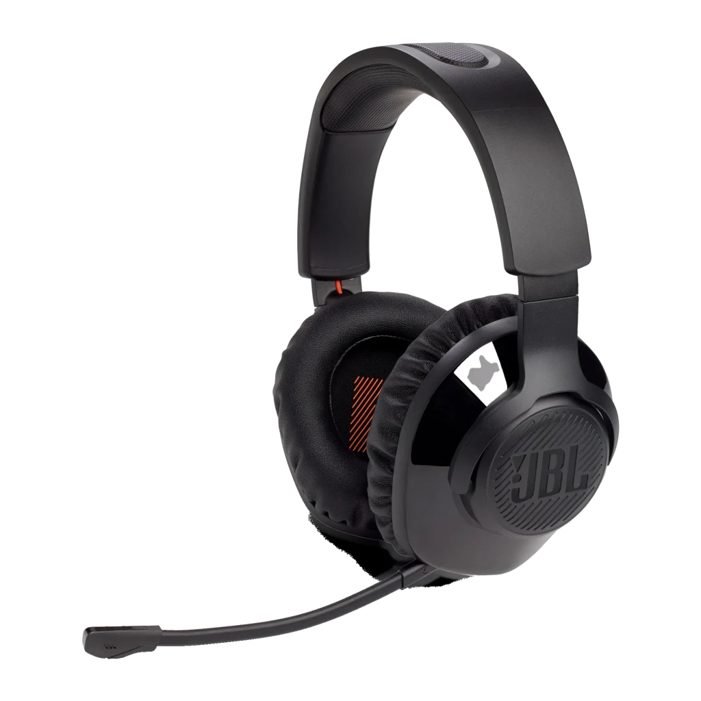 JBL Auriculares Gaming Quantum 350 Wireless negro, vista en ángulo: logo JBL en copa, micrófono boom desplegado sin botones - Ítem6