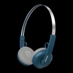 Philips TAH2000TL 2000 Series Bleu, vue 3/4 latérale: arceau argenté, coussinets gris et coque bleue avec logo Philips