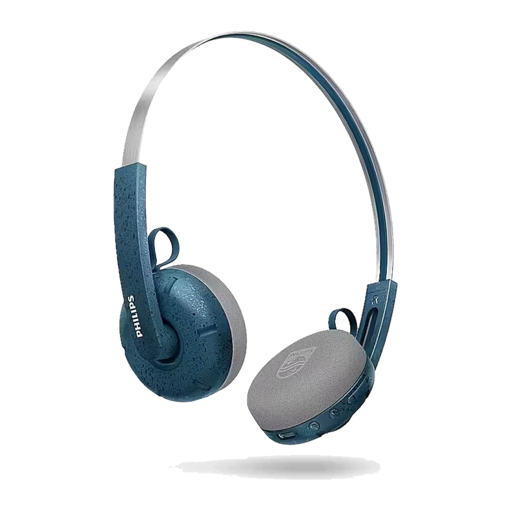 Philips TAH2000TL 2000 Series Azul, vista lateral 3/4: diadema plateada, almohadillas grises y exterior azul con logo Philips - Ítem1