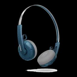 Philips TAH2000TL 2000 Series bleu, vue arrière en angle: dos du coussin gris avec logo et boutons de contrôle visibles