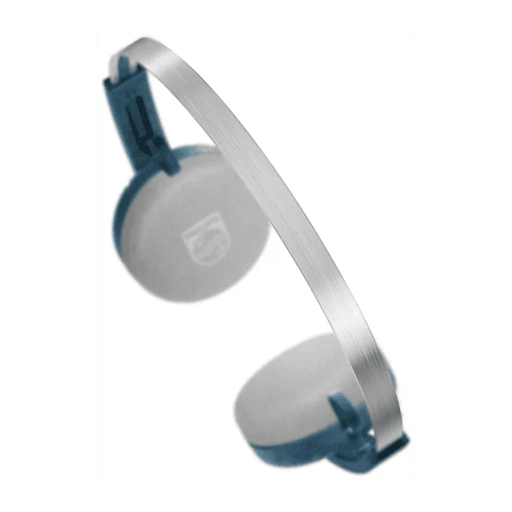 Philips TAH2000TL 2000 Series Azul, vista lateral 3/4: diadema plateada, almohadillas grises y exterior azul con logo Philips - Ítem4
