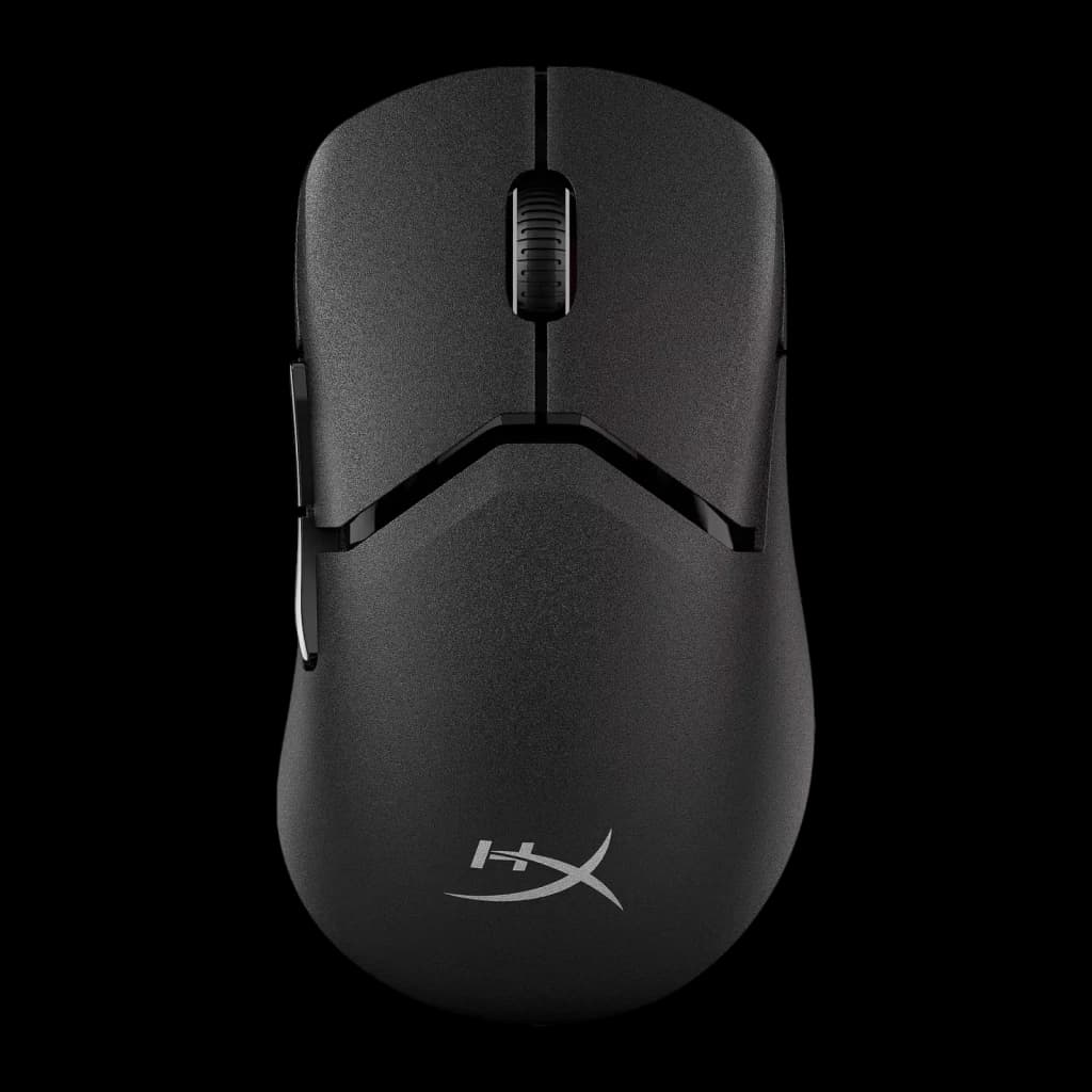 HyperX Pulsefire Saga Pro noir, vue du dessus: surface texturée, molette de défilement et logo HyperX sur la base