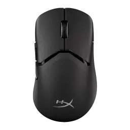 HyperX Pulsefire Saga Pro noir, vue du dessus: surface texturée, molette de défilement et logo HyperX sur la base