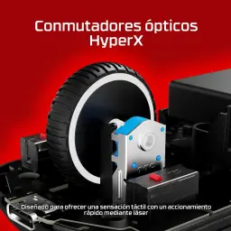 HyperX Pulsefire Saga Pro noir, intérieur: commutateurs optiques HyperX avec molette et mécanisme bleu en détail