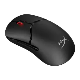 HyperX Pulsefire Saga Pro noir, vue en perspective: LED rouge sous la molette et boutons latéraux visibles