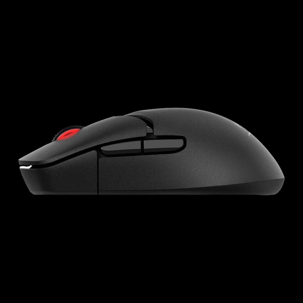 HyperX Pulsefire Saga Pro noir, vue latérale gauche: profil ergonomique, boutons latéraux et lumière rouge sur la molette