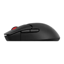 HyperX Pulsefire Saga Pro noir, vue latérale gauche: profil ergonomique, boutons latéraux et lumière rouge sur la molette