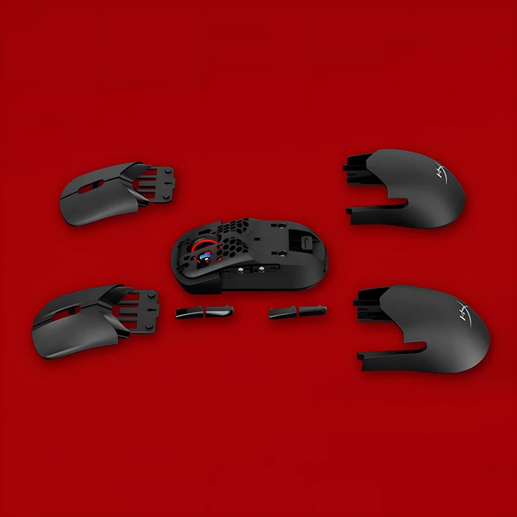 HyperX Pulsefire Saga Pro noir, vue éclatée: châssis central en nid d'abeille avec coques latérales et supérieures