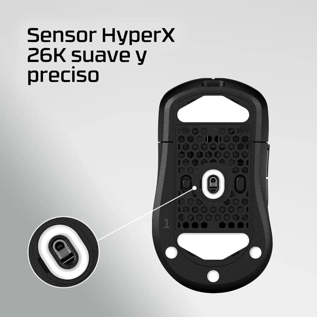 HyperX Pulsefire Saga Pro noir, vue inférieure: zoom capteur 26K, structure honeycomb et patins de glisse