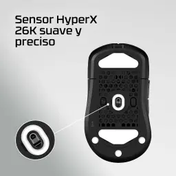 HyperX Pulsefire Saga Pro noir, vue inférieure: zoom capteur 26K, structure honeycomb et patins de glisse