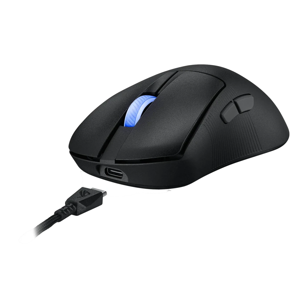 ASUS ROG Keris II Ace Wireless preto, vista superior: roda com iluminação azul e logótipo ROG na base - Item7