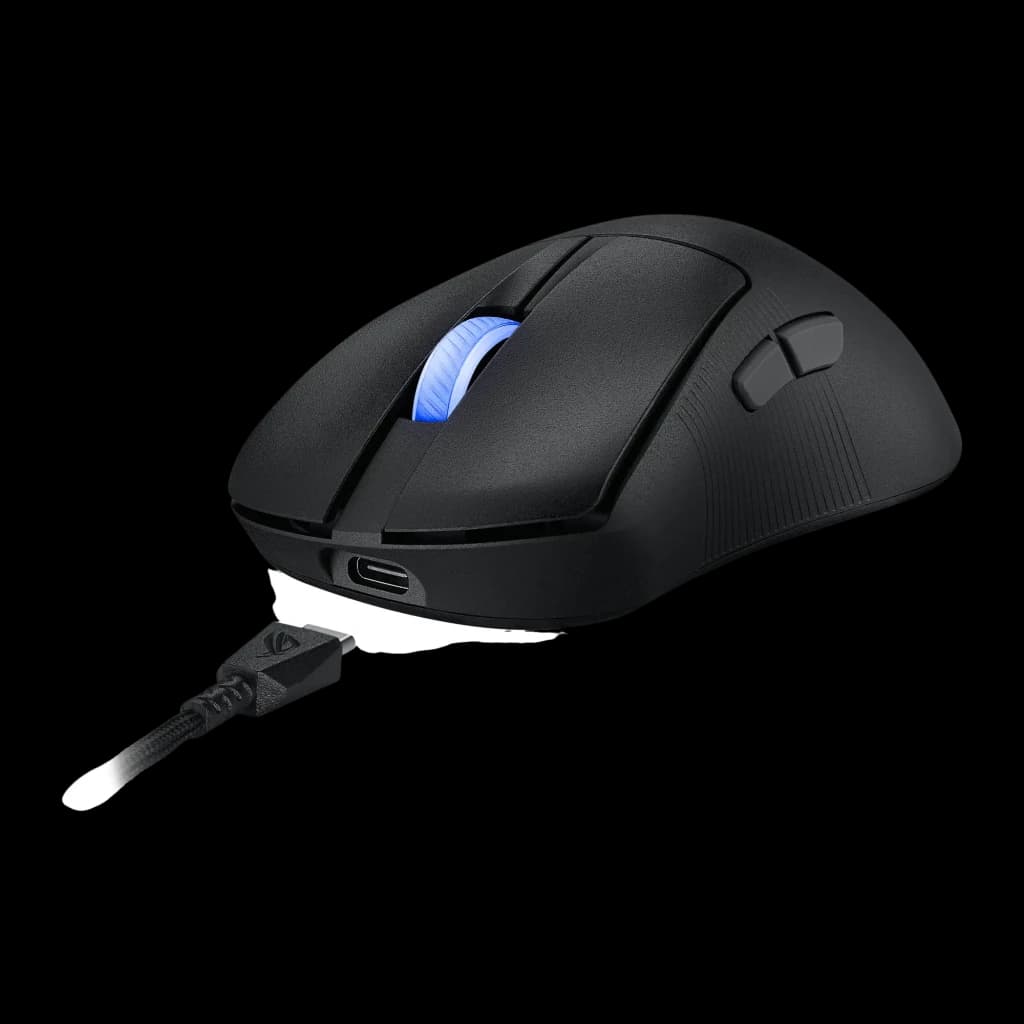 ASUS ROG Keris II Ace Wireless noir, vue latérale gauche: câble USB-C tressé branché sur le port avant, molette LED bleue