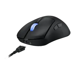 ASUS ROG Keris II Ace Wireless noir, vue latérale gauche: câble USB-C tressé branché sur le port avant, molette LED bleue