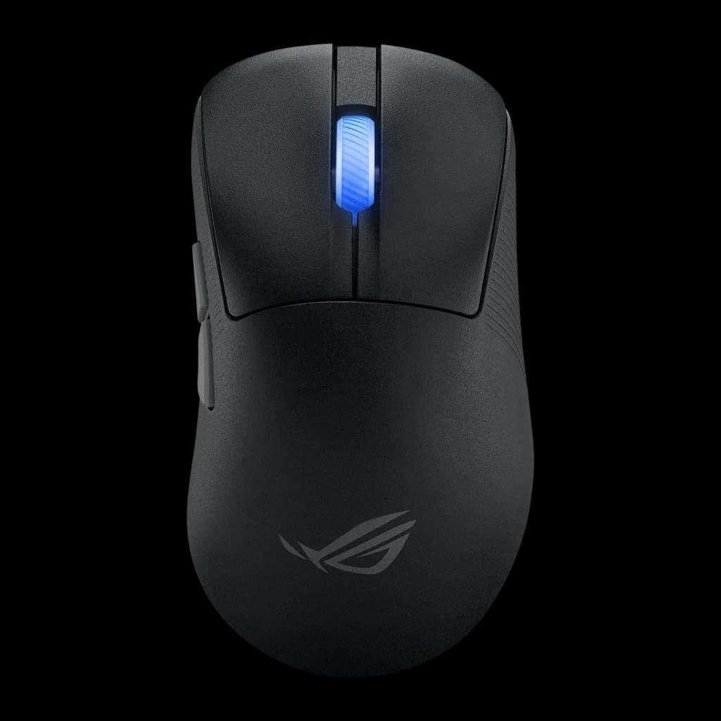 ASUS ROG Keris II Ace Wireless noir, vue du dessus: molette éclairée en bleu et logo ROG sur la base