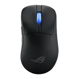 ASUS ROG Keris II Ace Wireless noir, vue du dessus: molette éclairée en bleu et logo ROG sur la base