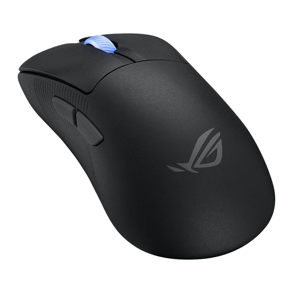 ASUS ROG Keris II Ace Wireless preto, vista superior: roda com iluminação azul e logótipo ROG na base - Item2