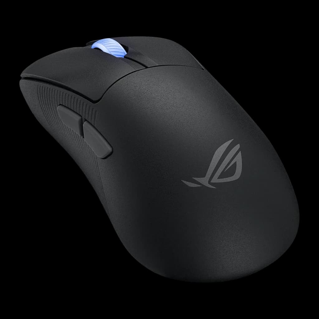 ASUS ROG Keris II Ace Wireless noir, vue latérale droite: grand logo ROG sur coque, molette LED bleu clair et texture grip