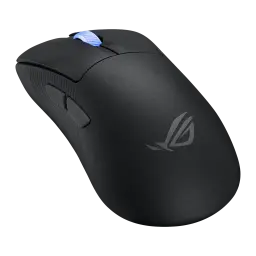 ASUS ROG Keris II Ace Wireless noir, vue latérale droite: grand logo ROG sur coque, molette LED bleu clair et texture grip