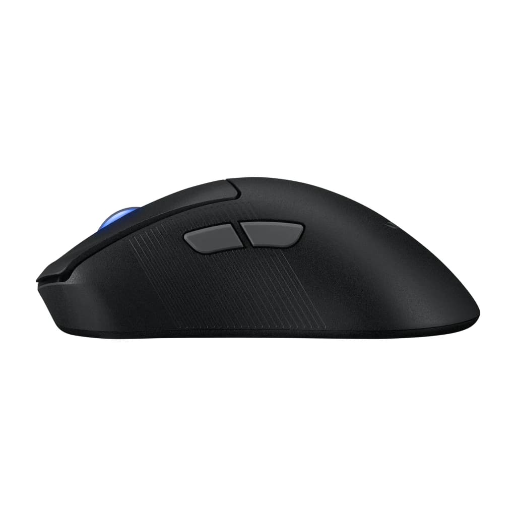 ASUS ROG Keris II Ace Wireless noir, vue latérale: boutons latéraux, logo ROG bleu et surface texturée antidérapante
