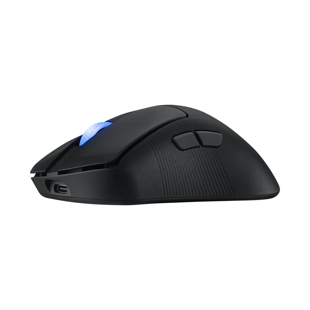 ASUS ROG Keris II Ace Wireless preto, vista superior: roda com iluminação azul e logótipo ROG na base - Item4