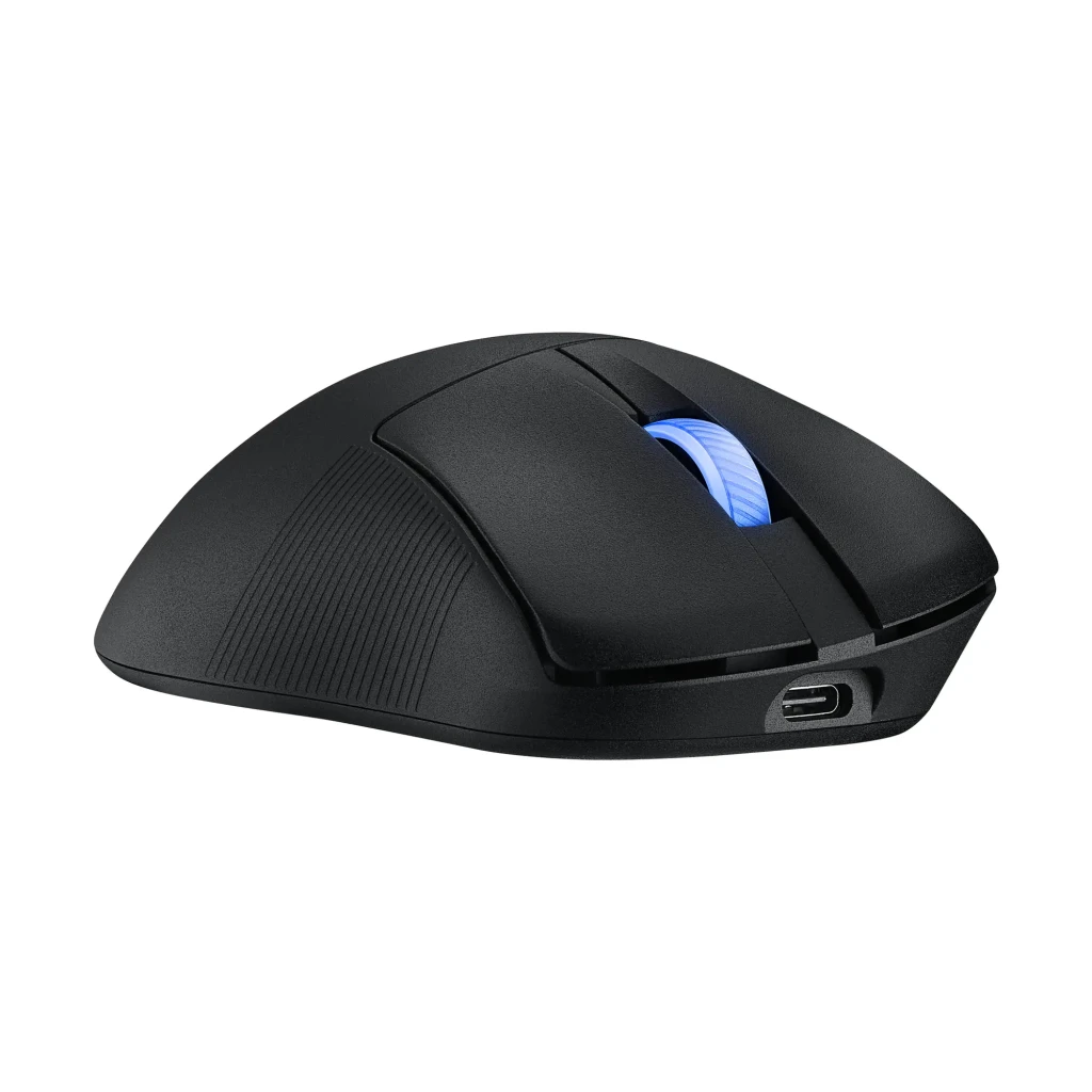 ASUS ROG Keris II Ace Wireless preto, vista superior: roda com iluminação azul e logótipo ROG na base - Item6