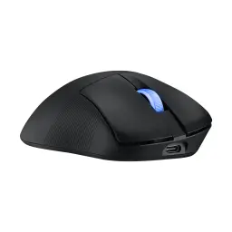ASUS ROG Keris II Ace Wireless noir, vue latérale gauche: molette éclairée en bleu, texture striée et port USB-C