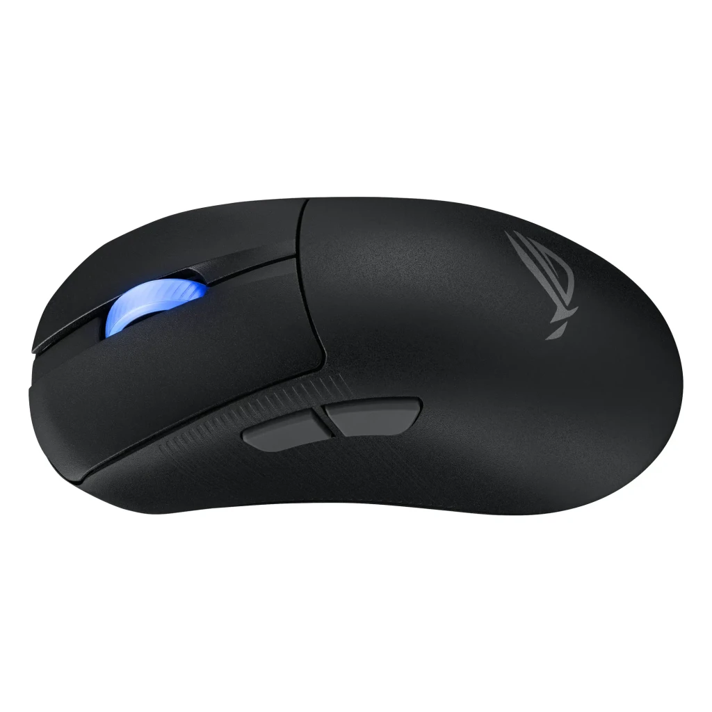 ASUS ROG Keris II Ace Wireless preto, vista superior: roda com iluminação azul e logótipo ROG na base - Item5