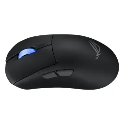 ASUS ROG Keris II Ace Wireless noir, vue dessus latérale: molette éclairée en bleu, logo ROG et boutons latéraux visibles