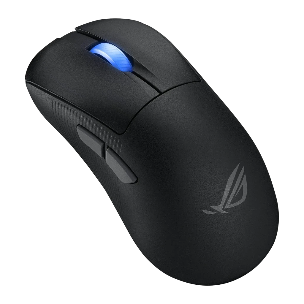 ASUS ROG Keris II Ace Wireless preto, vista superior: roda com iluminação azul e logótipo ROG na base - Item1