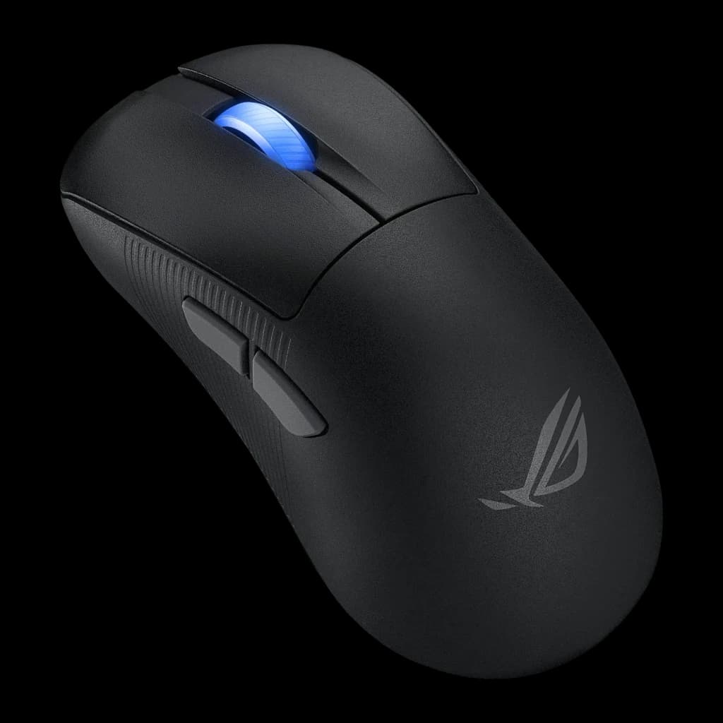 ASUS ROG Keris II Ace Wireless noir, vue supérieure gauche: molette LED bleue, boutons latéraux et logo ROG sur coque mate