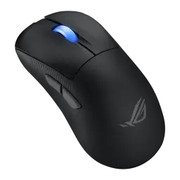 ASUS ROG Keris II Ace Wireless noir, vue supérieure gauche: molette LED bleue, boutons latéraux et logo ROG sur coque mate
