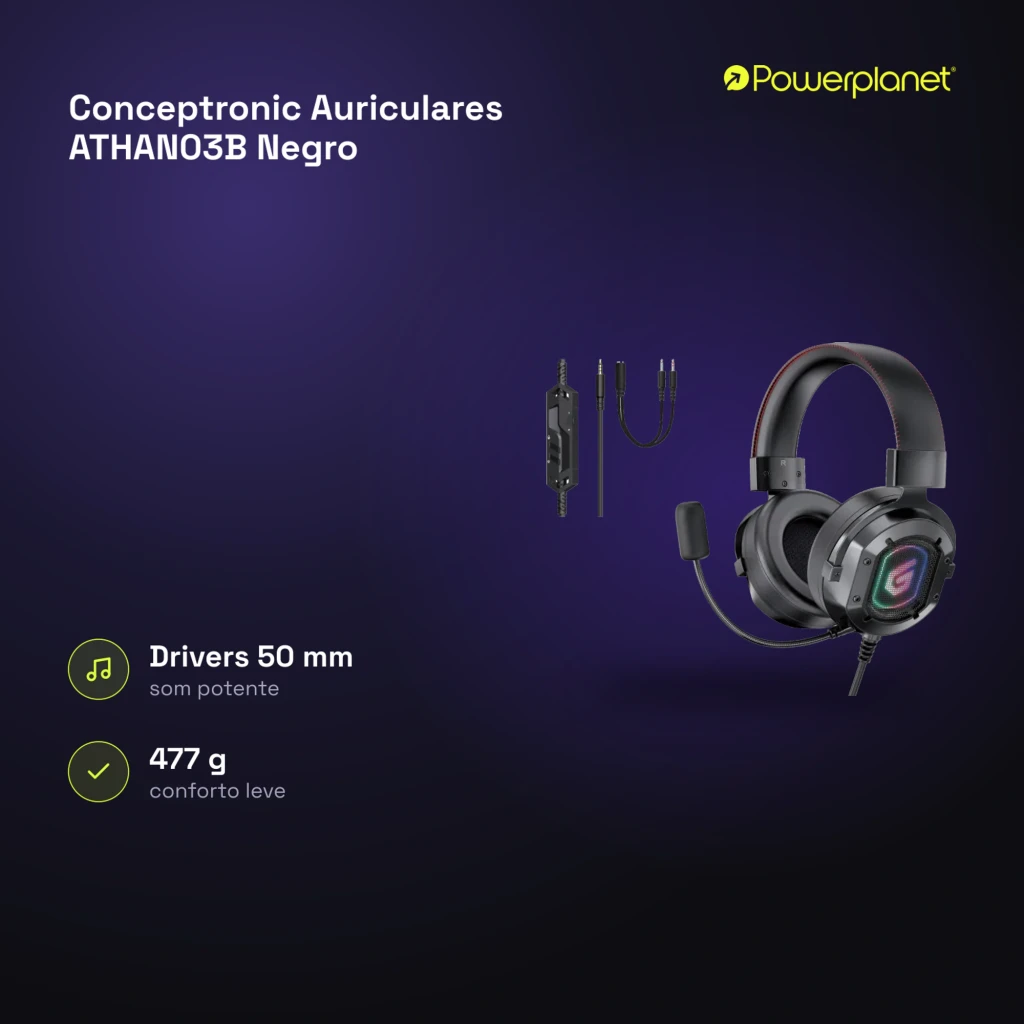 Conceptronic ATHAN03B Negro, vista principal: auricular con iluminación RGB, micrófono flexible y adaptador Y jack incluido - Ítem3