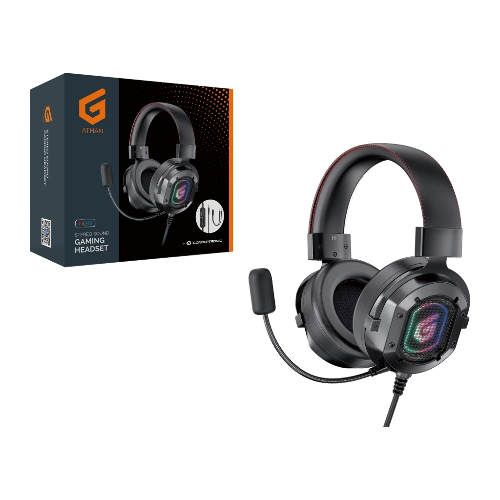 Conceptronic ATHAN03B Negro, vista principal: auricular con iluminación RGB, micrófono flexible y adaptador Y jack incluido - Ítem1