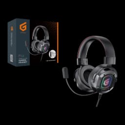 Conceptronic ATHAN03B Negro, vista lateral con caja: auriculares gaming RGB con micrófono flexible y packaging