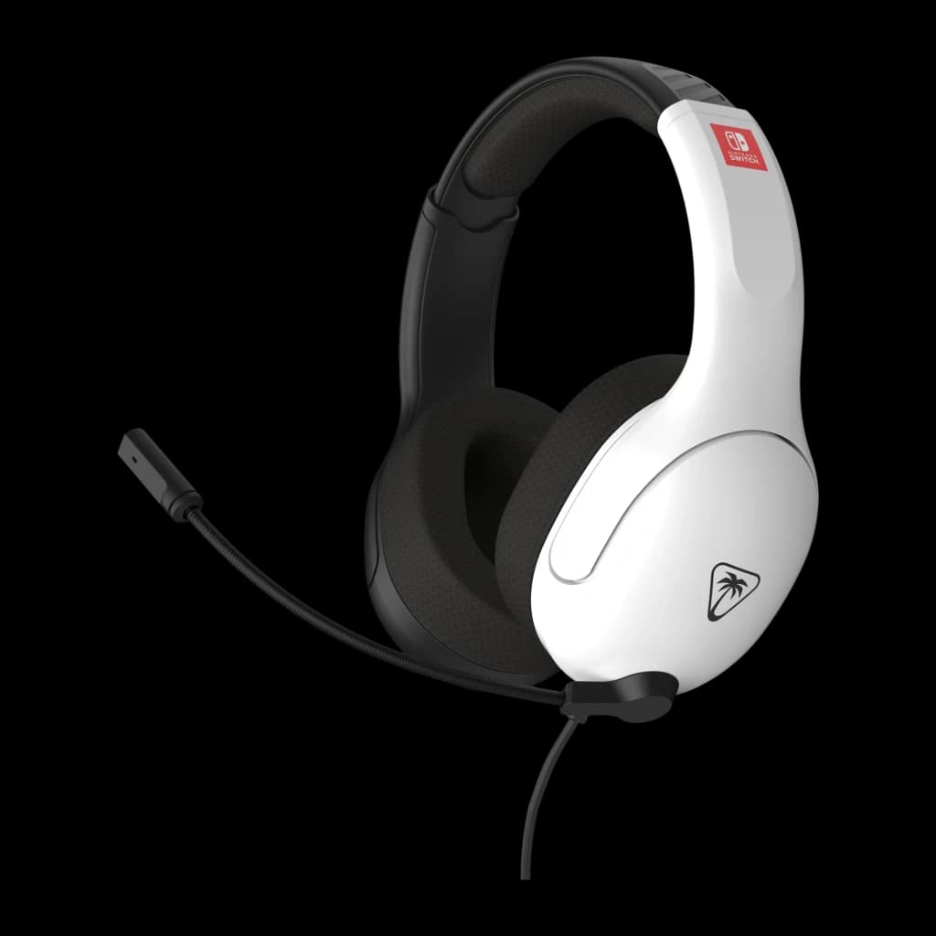 Turtle Beach Casque Airlite Fit noir et blanc, vue latérale: arceau, coussinets noirs, micro flexible et logo Nintendo Switch
