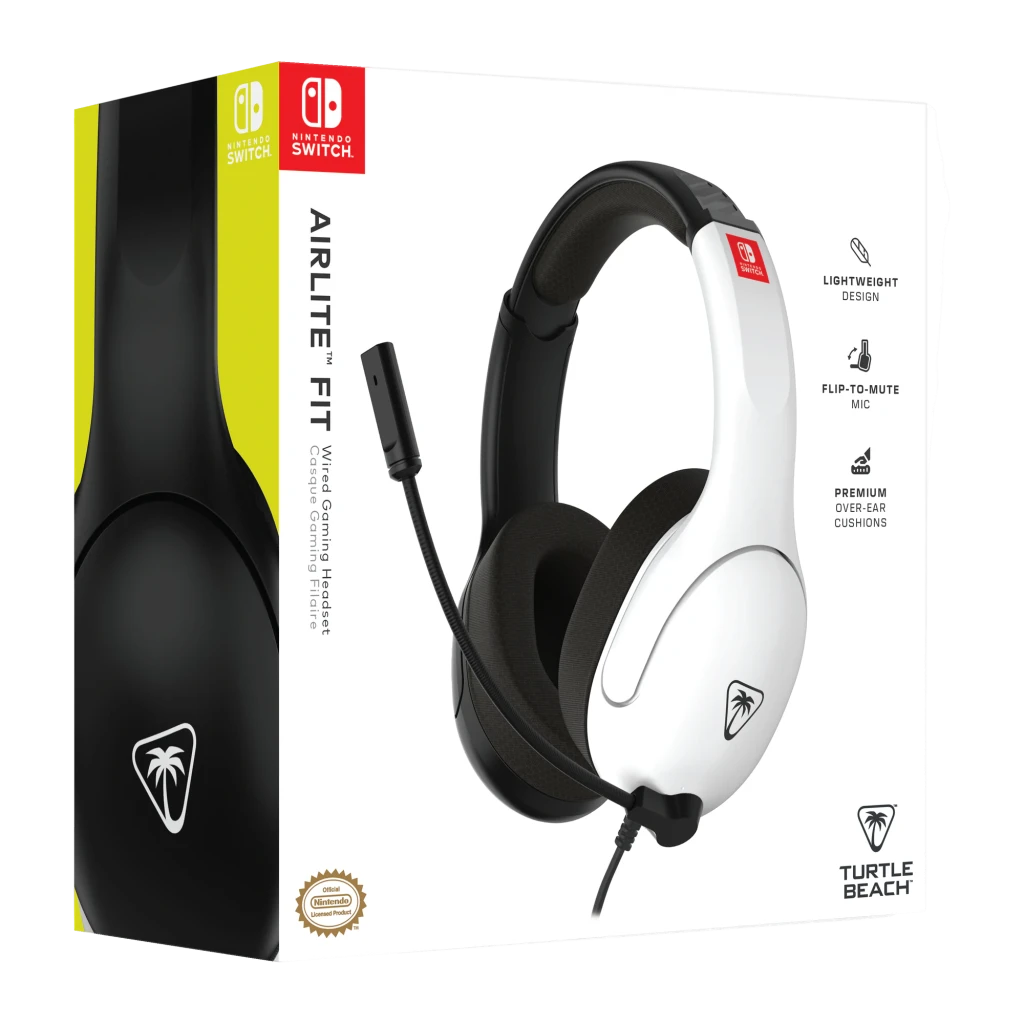 Turtle Beach Auriculares Airlite Fit negro y blanco, vista lateral: diadema, almohadillas negras, micrófono flexible y logo - Ítem7