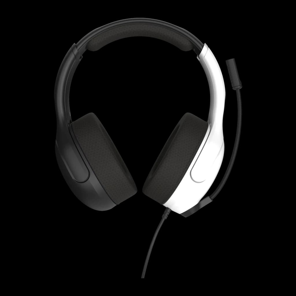 Turtle Beach Airlite Fit noir, vue de face: casque avec arceau rembourré, coussinets noirs et bras blanc avec microphone