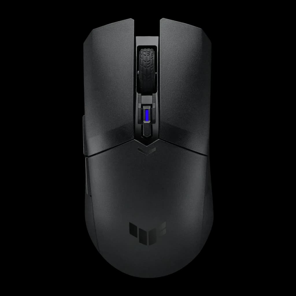 ASUS TUF Gaming M4 Wireless Noir, vue du dessus: molette texturée, indicateur DPI bleu et logo TUF sur corps mat