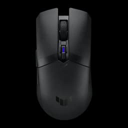 ASUS TUF Gaming M4 Wireless Noir, vue du dessus: molette texturée, indicateur DPI bleu et logo TUF sur corps mat