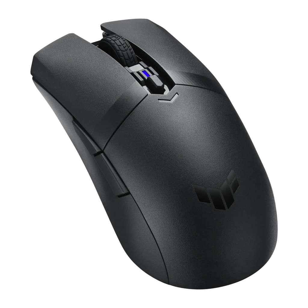 ASUS TUF Gaming M4 Wireless Preto, vista superior: roda texturizada, indicador DPI azul e logótipo TUF em corpo mate - Item2